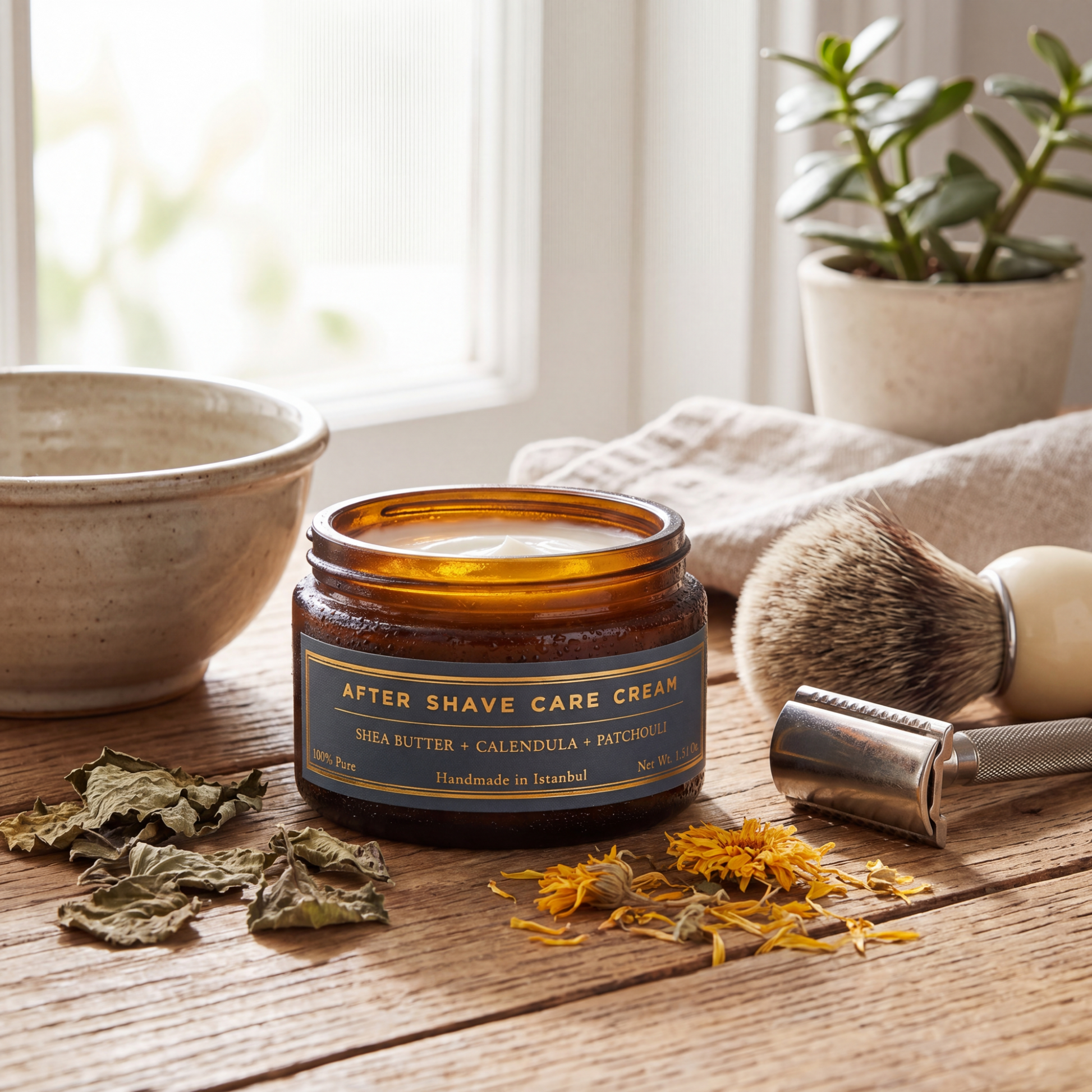 Patchouli After Shave Care Cream displayed on a wooden surface with shaving brush, razor, botanical elements, and potted plant in a bright bathroom setting.