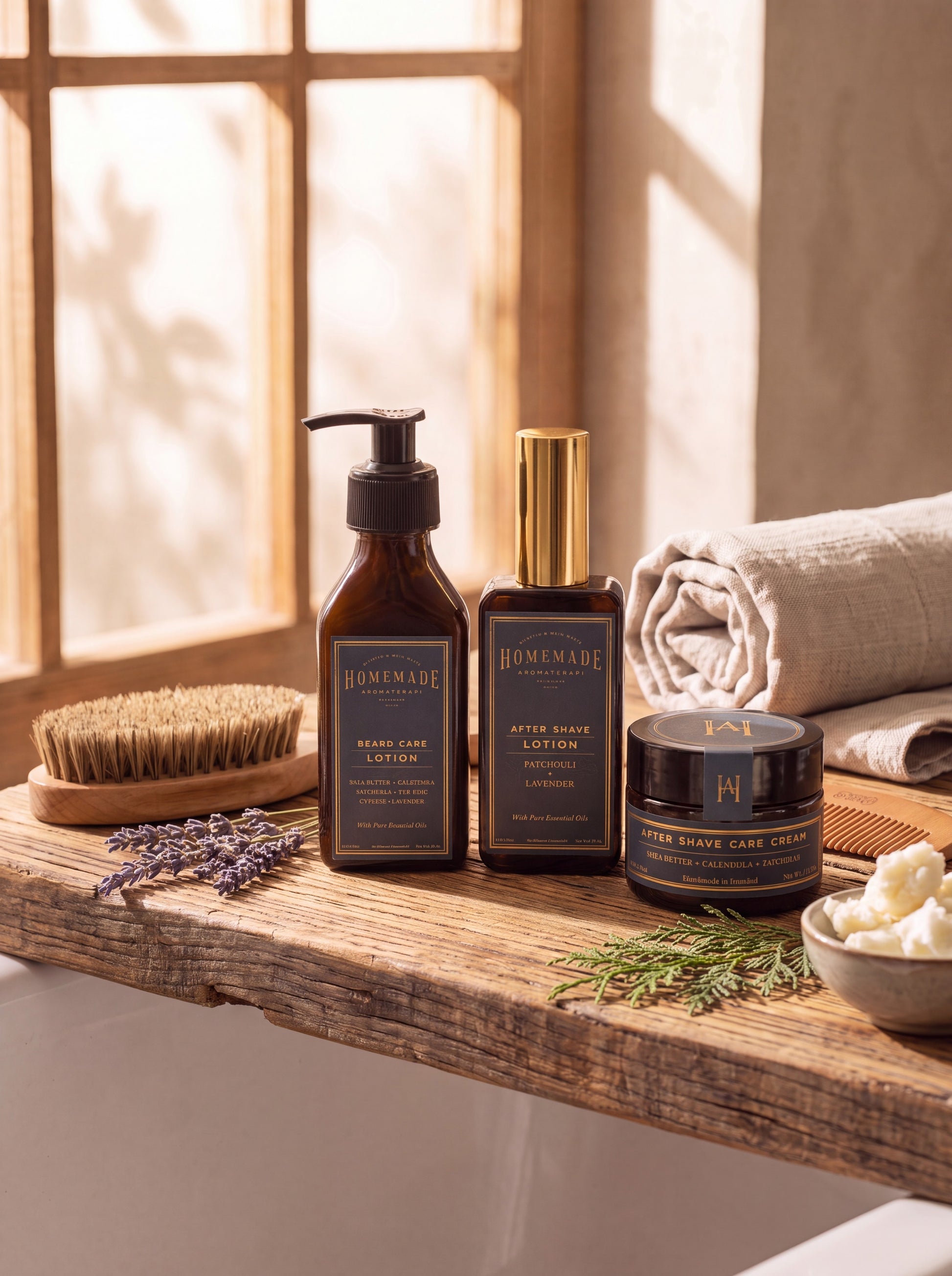 Homemade Aromaterapi beard care and after-shave products displayed on a wooden tray with grooming accessories and natural light from a window.