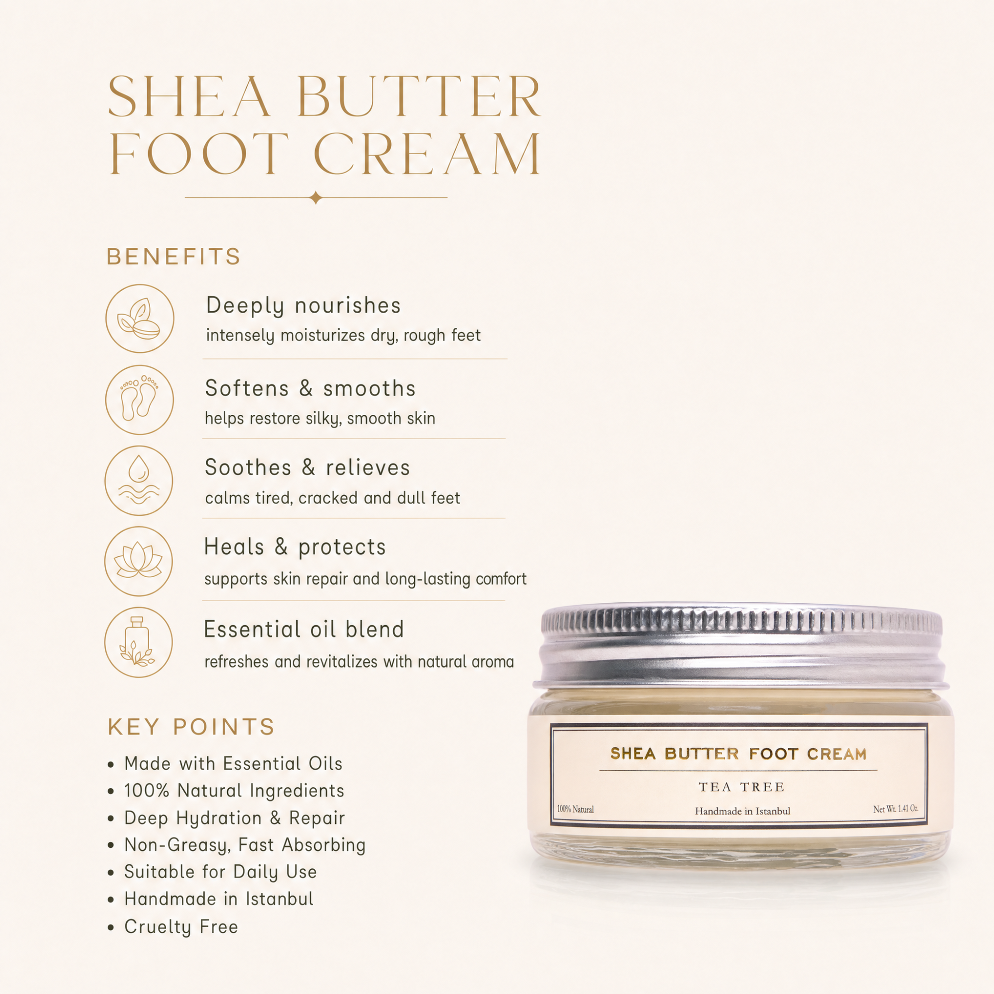 Infographic for HMA Shea Butter Foot Cream with Tea Tree showing benefits and key points beside the glass jar.