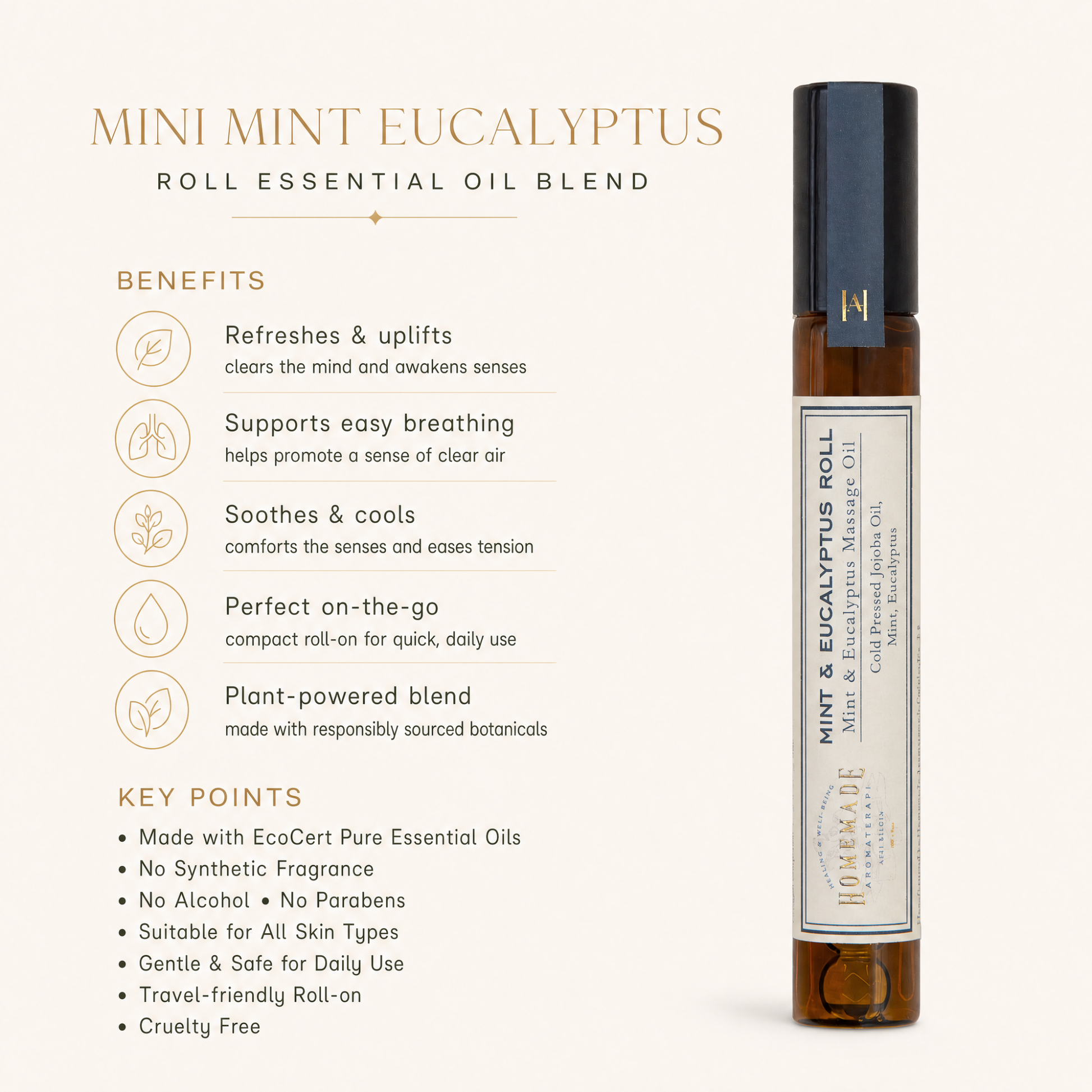 Infographic for HMA Mini Mint & Eucalyptus roll-on essential oil blend listing benefits and key points beside the amber roller bottle.