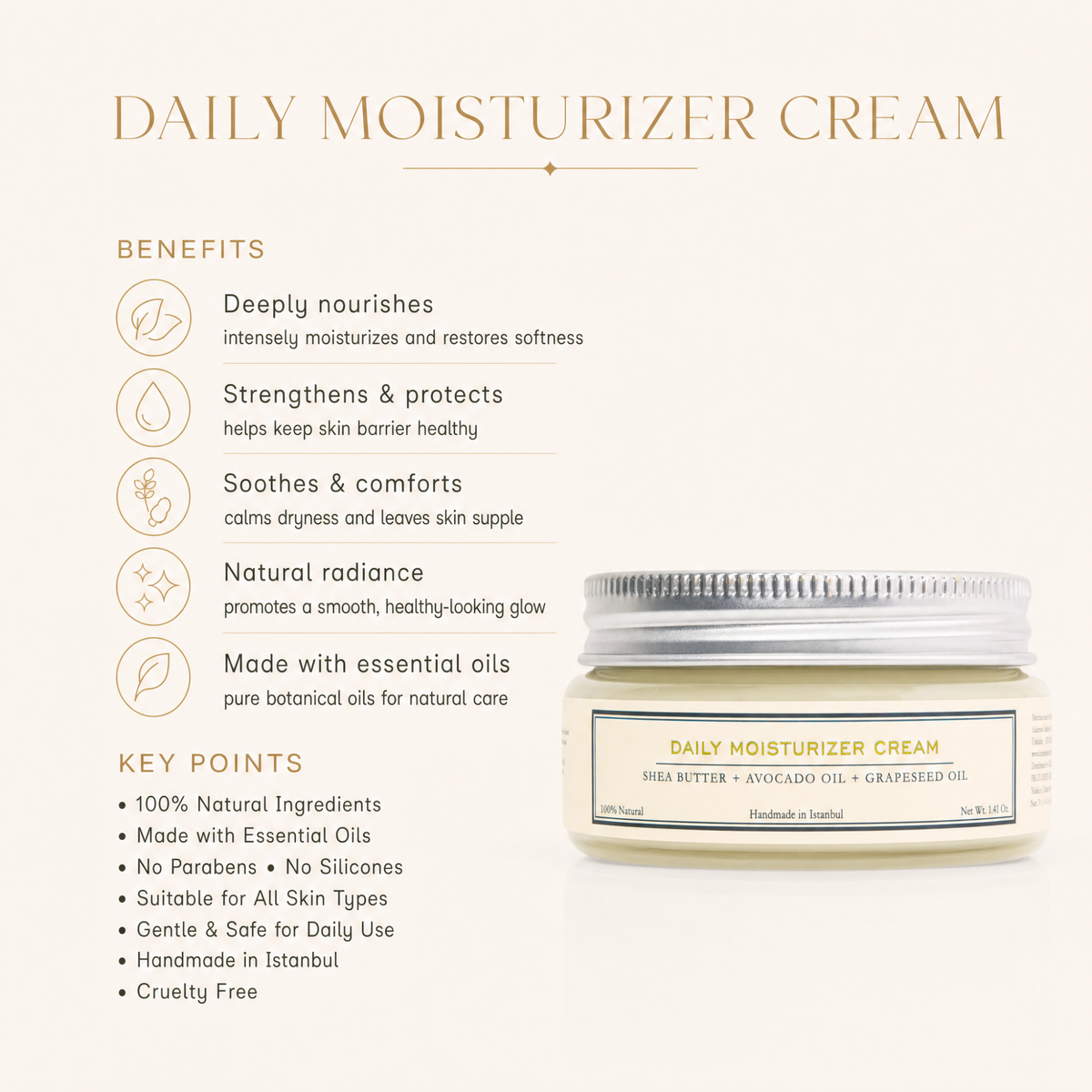 Infographic for HMA Daily Moisturizer Cream jar with shea butter, avocado and grapeseed oil, listing benefits and key points.