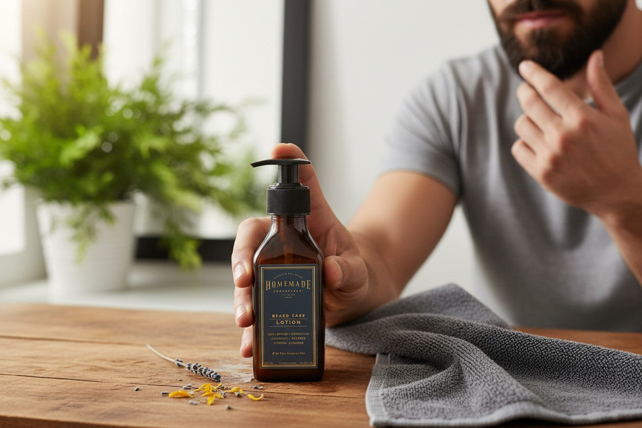 Bearded man holding an amber pump bottle of HMA beard care lotion at a wooden table with a plant and lavender in the background.