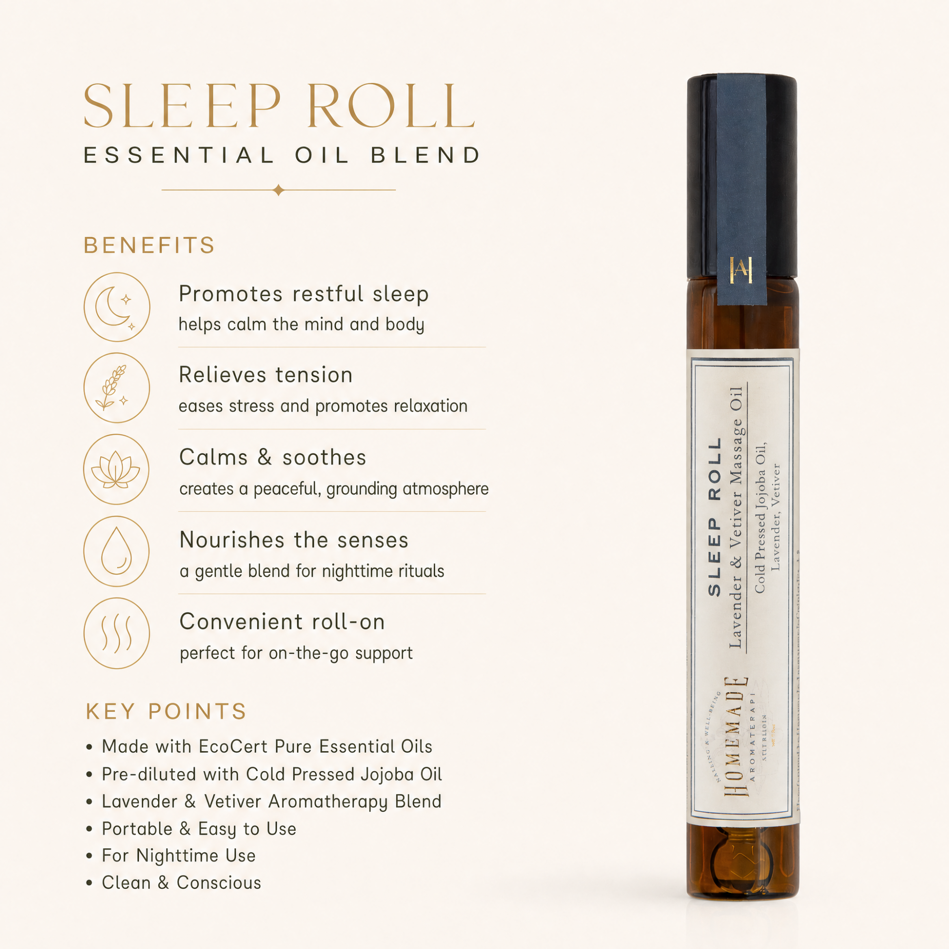 Infographic for HMA Sleep Roll lavender and vetiver essential oil blend listing benefits, key points, and a roll-on bottle image.