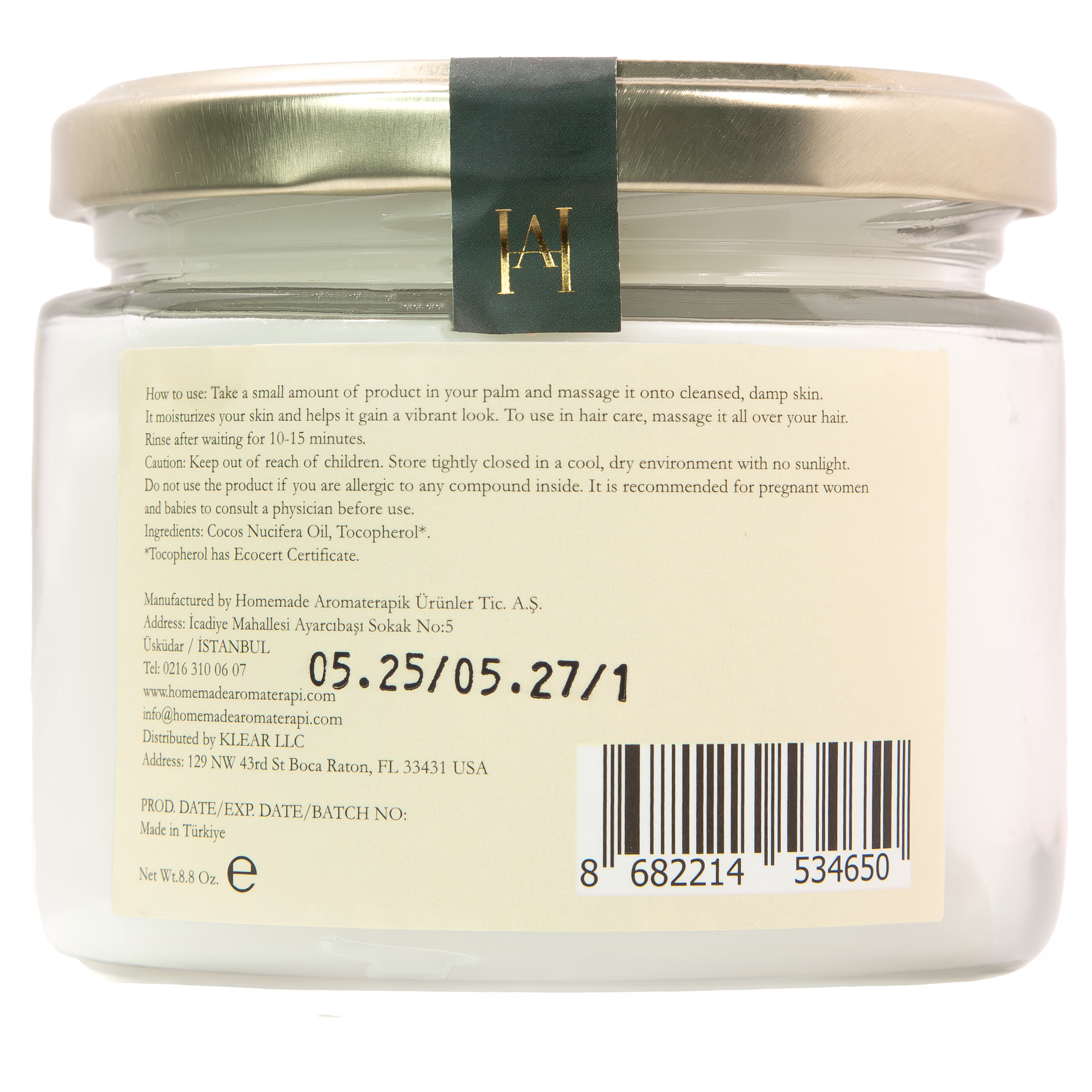 HMA | Extra Virgin Cold Pressed Coconut Oil | 8.8 oz | HomeMade Aromaterapi