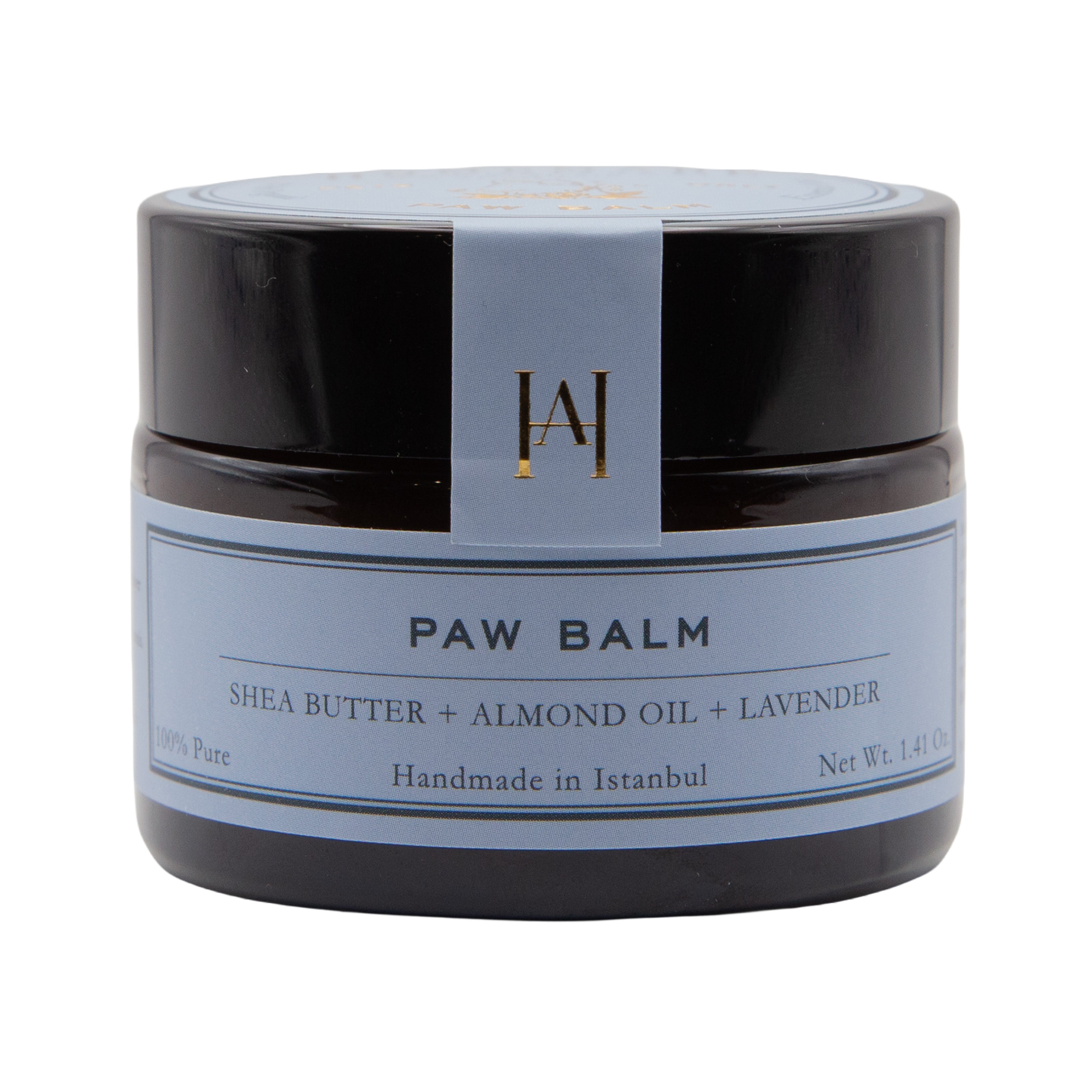 Homemade Aromaterapi Paw Balm jar with shea butter almond oil and lavender