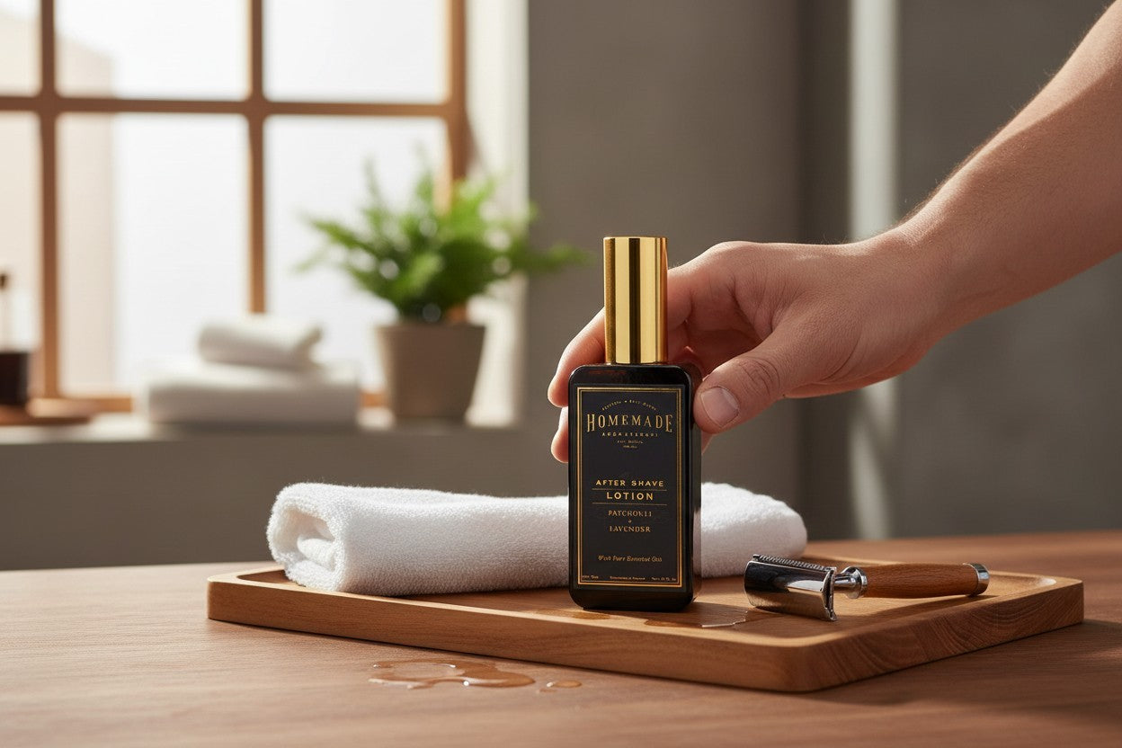 Hand picking up a black and gold HMA Patchouli Lavender after shave lotion bottle on a wooden tray with towel and razor in a bathroom setting.