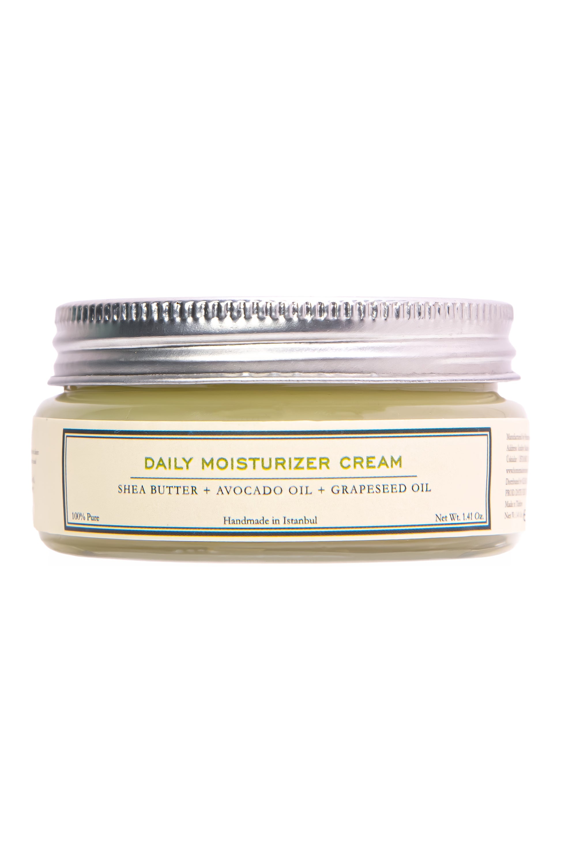HMA Daily Moisturizer Cream with Shea Butter, Avocado Oil, and Grapeseed Oil in a 1.41 oz glass jar with silver metal lid on a white background.