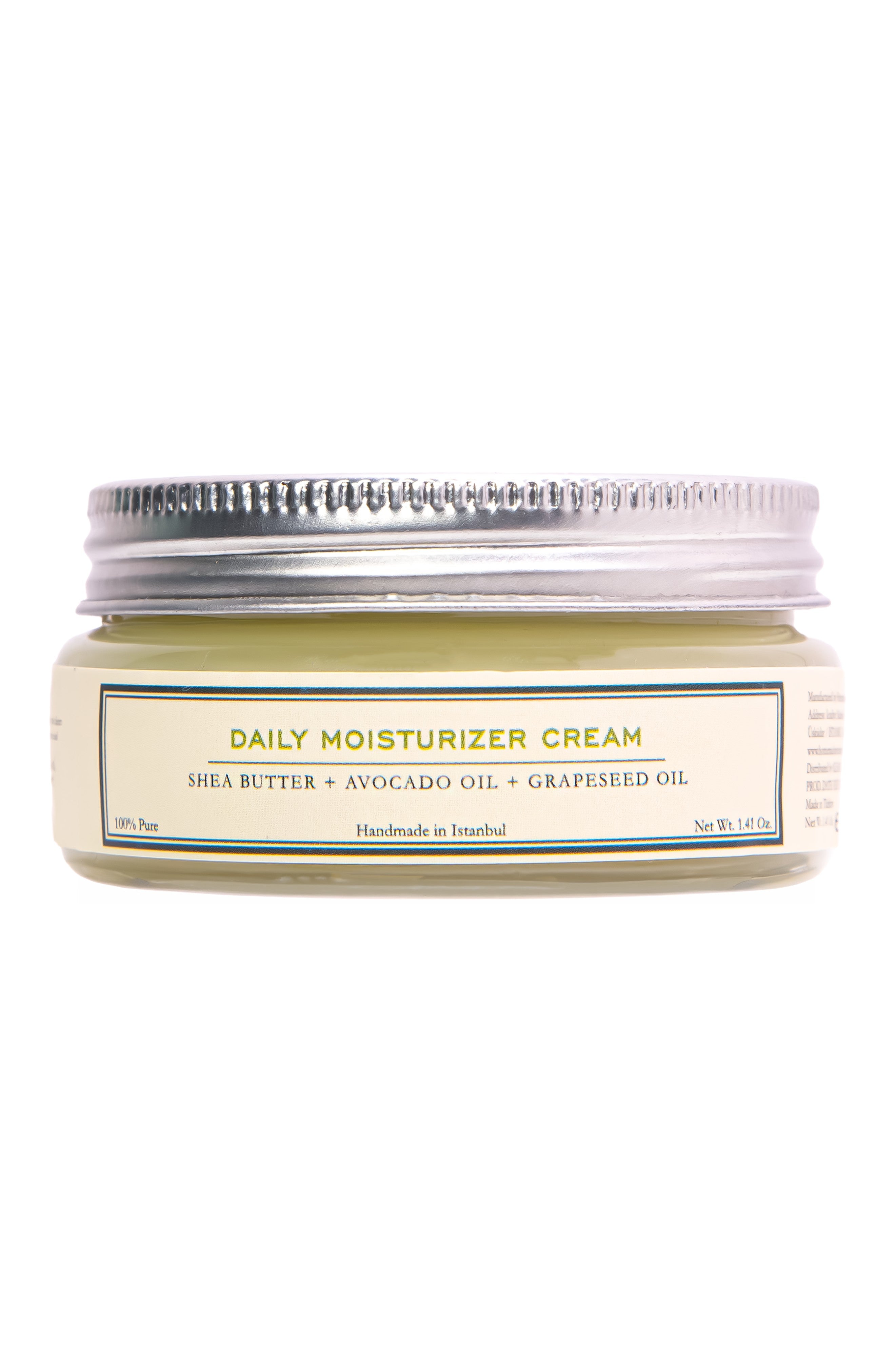 HMA Daily Moisturizer Cream with Shea Butter, Avocado Oil, and Grapeseed Oil in a 1.41 oz glass jar with silver metal lid on a white background.