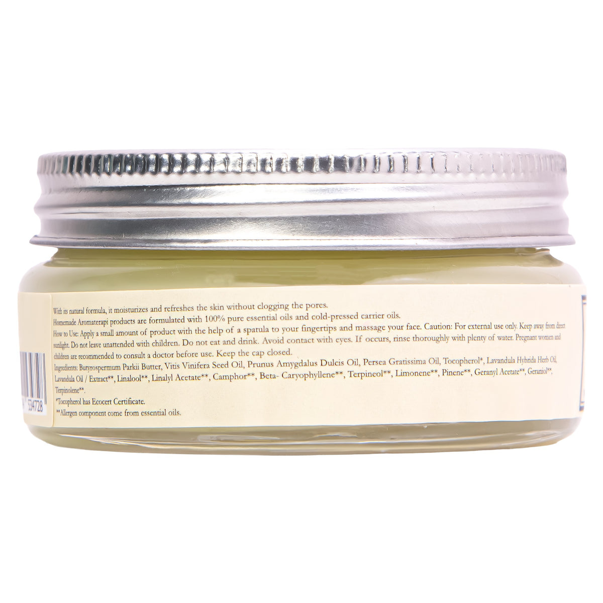 HMA Daily Moisturizer Cream with shea butter, avocado, and grapeseed in a glass jar with silver screw-top lid, shown from a side angle displaying product and label.