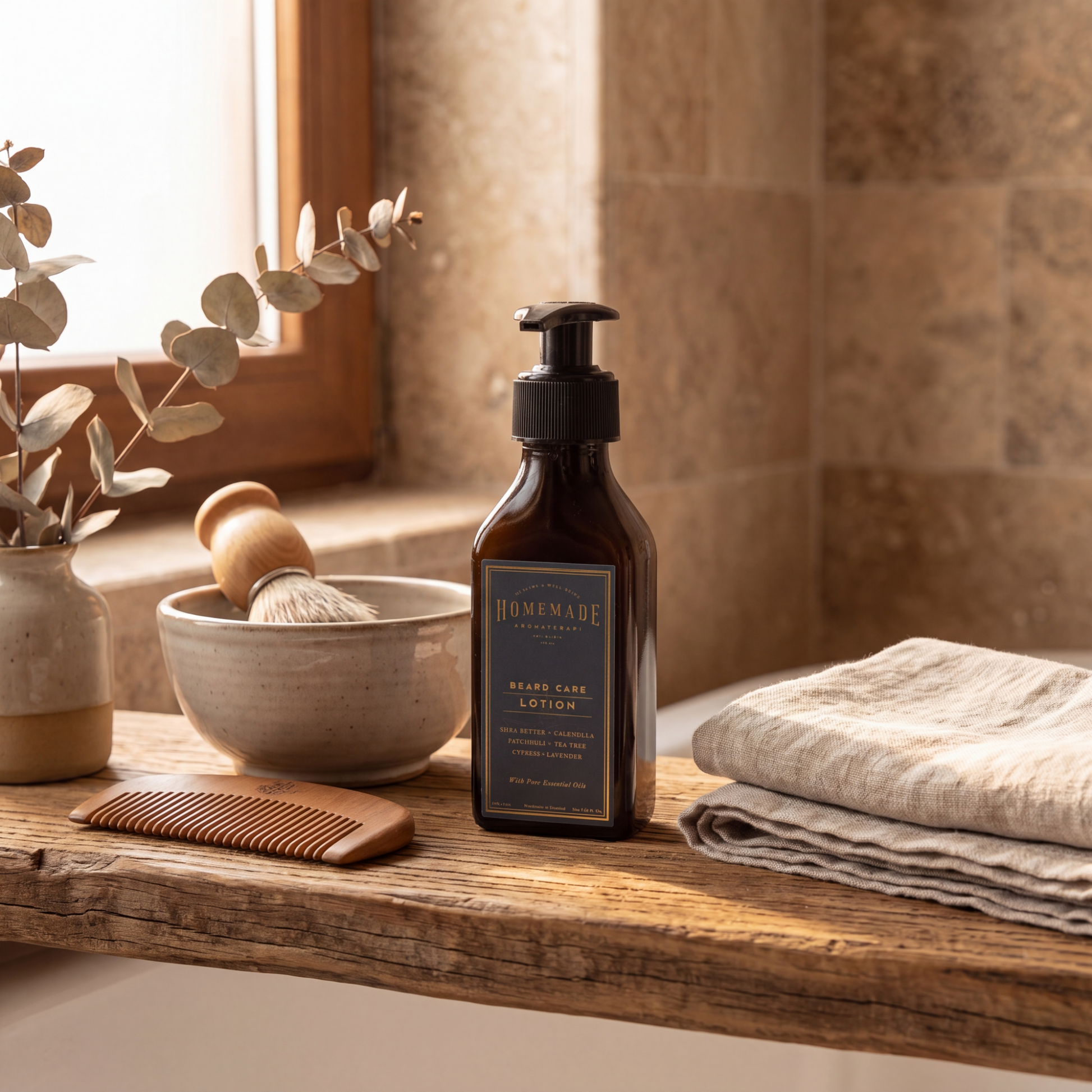 HMA Beard Care Lotion displayed on a wooden vanity with grooming tools, eucalyptus plant, and natural bathroom accessories in warm sunlight.
