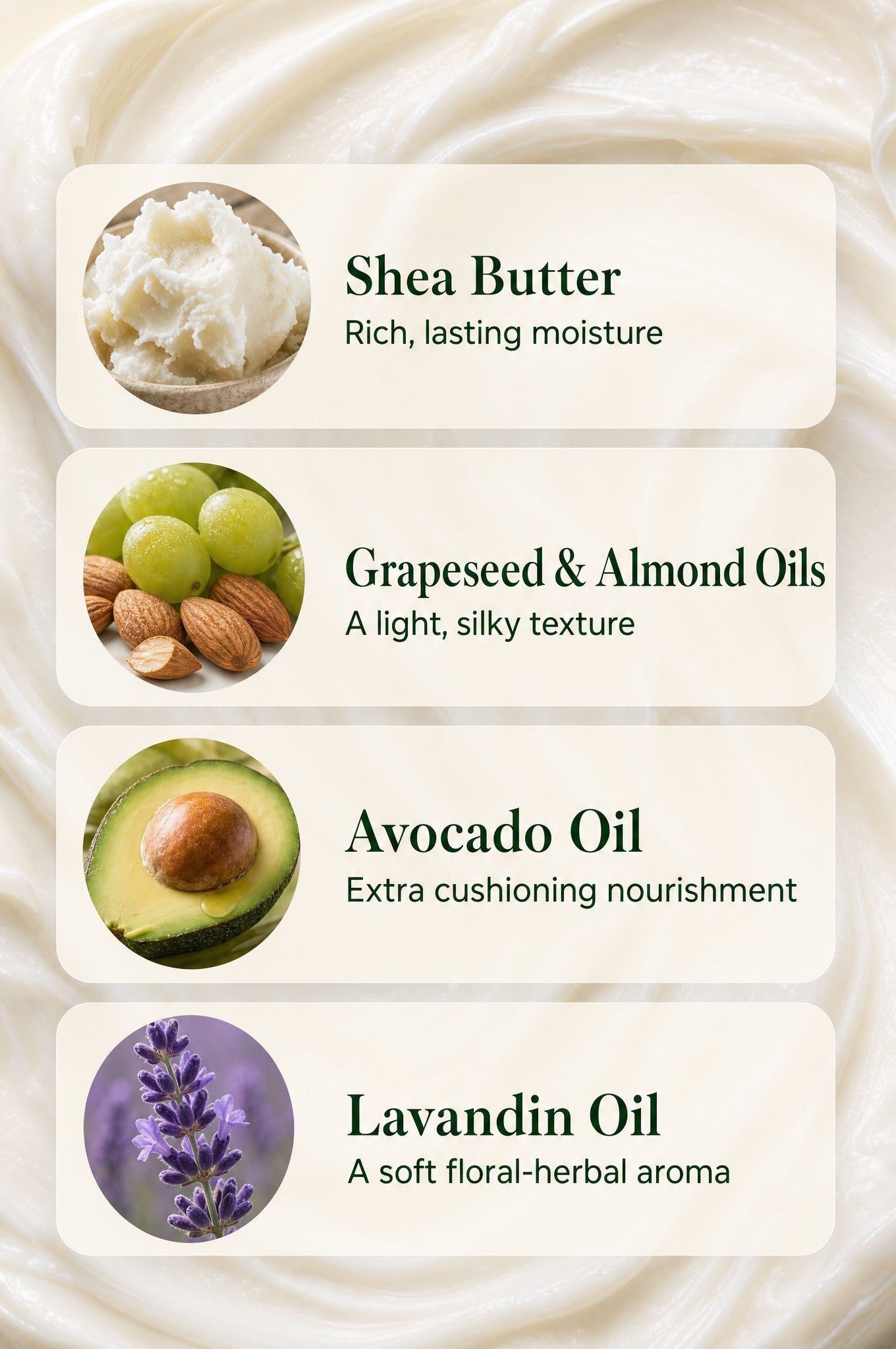 Infographic showing key ingredients of HMA Daily Moisturizer Cream with callouts for Shea Butter, Grapeseed & Almond Oils, Avocado Oil, and Lavender Oil on a cream texture background.