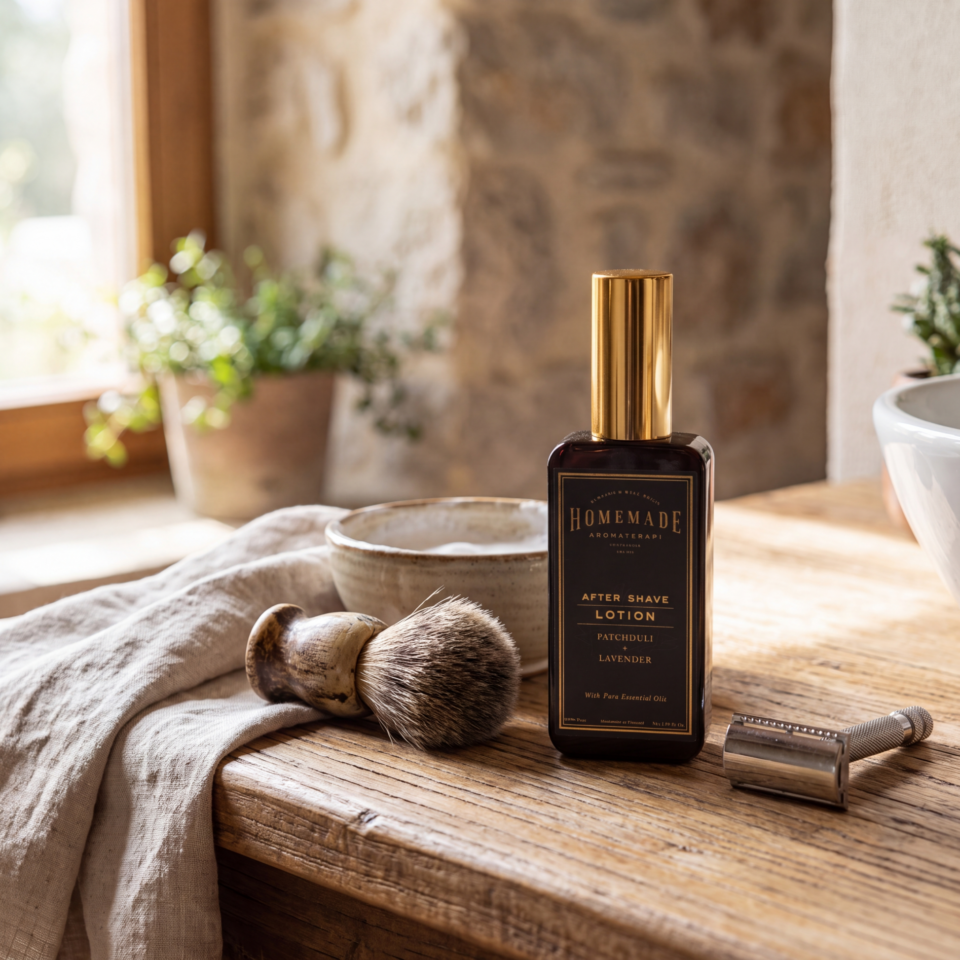 HMA After Shave Lotion in Patchouli Lavender displayed on a wooden table with shaving brush, razor, and grooming accessories in a rustic bathroom setting.