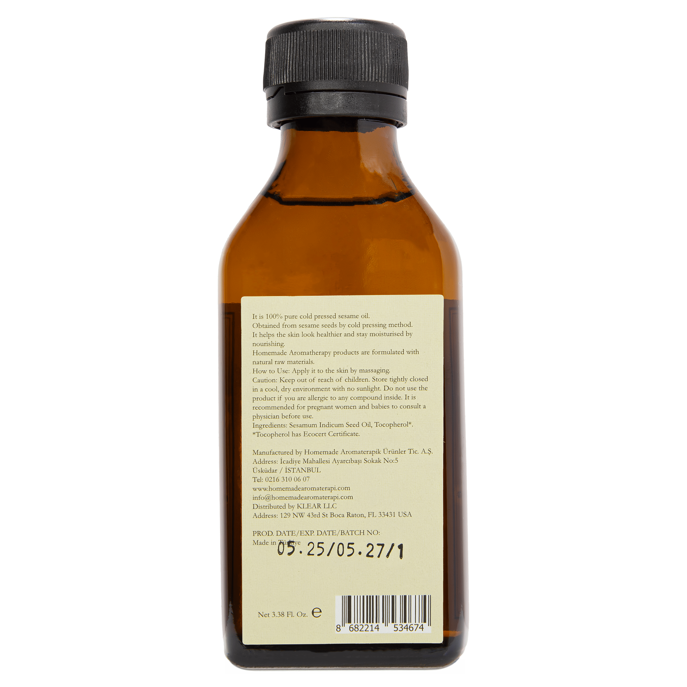 Homemade Aromaterapi | Cold Pressed Sesame Oil | 3.38 FL Oz.